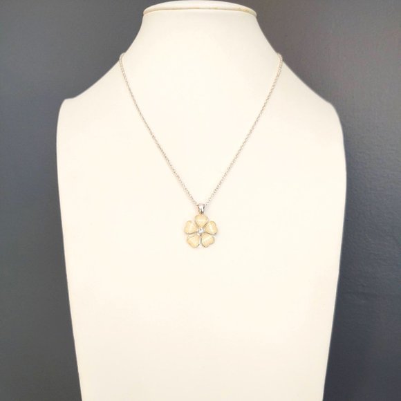 Cream flower pendant necklace with cz center and silver accents - Picture 2 of 12